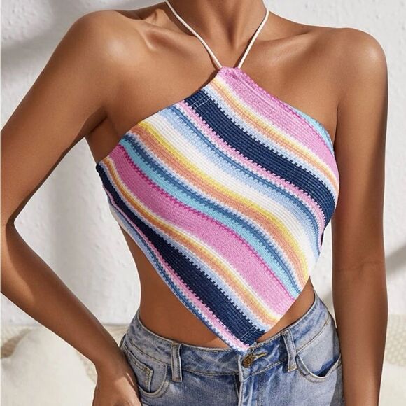 SHEIN Striped Backless Bandana Crop Top - Picture 1 of 7